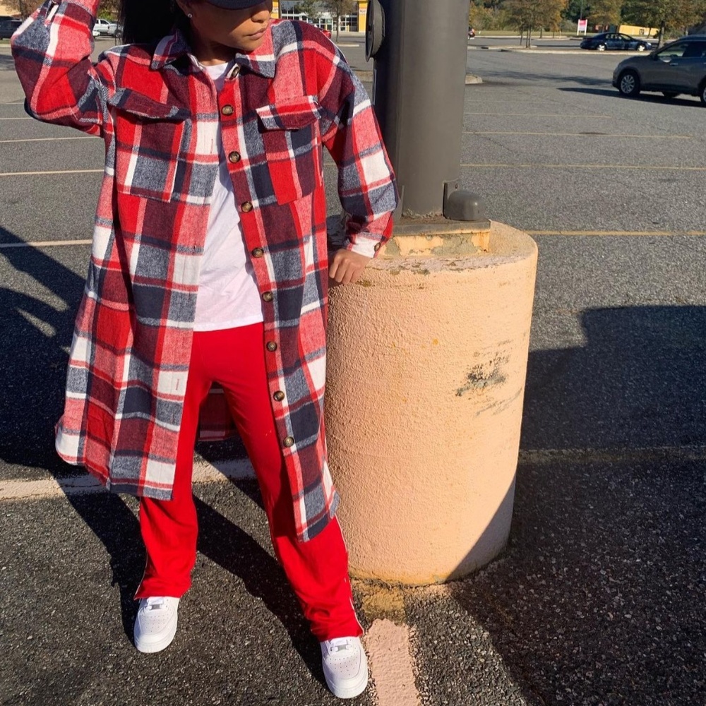 Red and Navy Blue Plaid Shirt Jacket